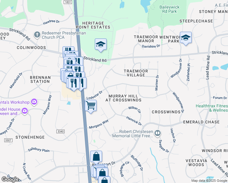 map of restaurants, bars, coffee shops, grocery stores, and more near 8705 Cardiff Court in Raleigh