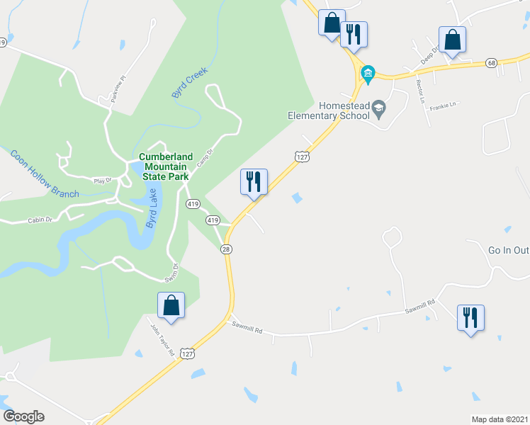map of restaurants, bars, coffee shops, grocery stores, and more near 4357 U.S. 127 in Crossville