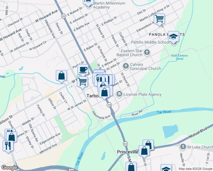 map of restaurants, bars, coffee shops, grocery stores, and more near 200 East Saint James Street in Tarboro