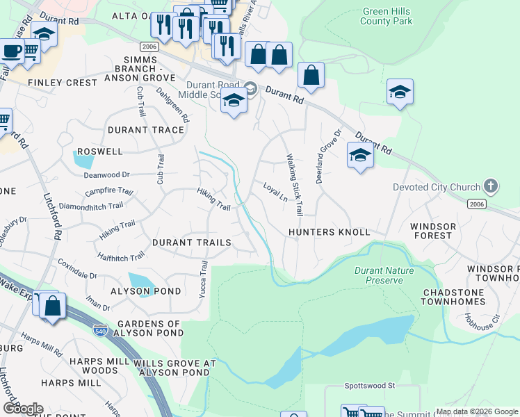 map of restaurants, bars, coffee shops, grocery stores, and more near 3214 Philmont Drive in Raleigh