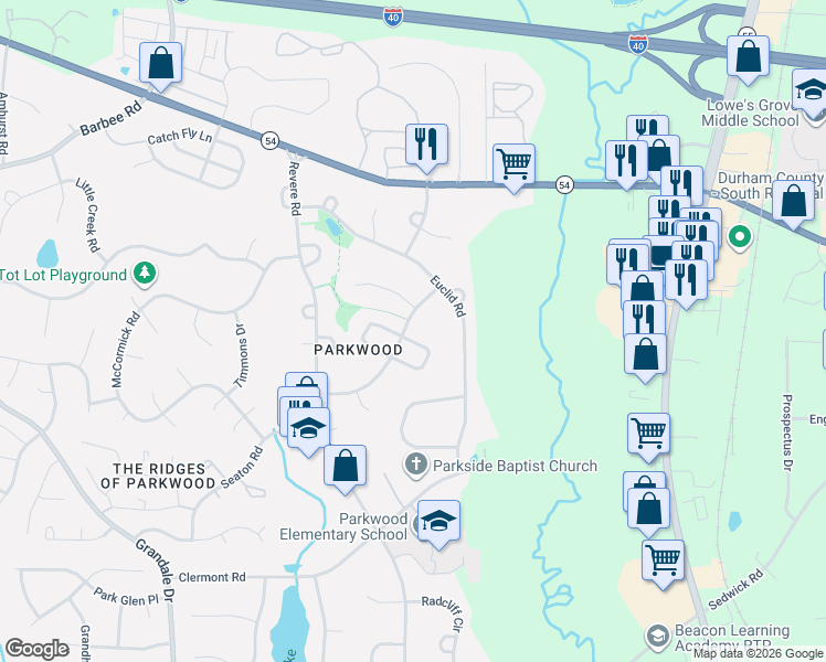 map of restaurants, bars, coffee shops, grocery stores, and more near 4812 Brentwood Road in Durham