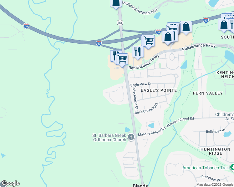 map of restaurants, bars, coffee shops, grocery stores, and more near 8008 Sundance Circle in Durham