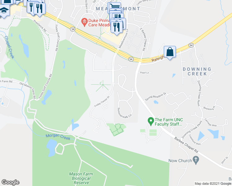 map of restaurants, bars, coffee shops, grocery stores, and more near 209 Summerwalk Circle in Chapel Hill