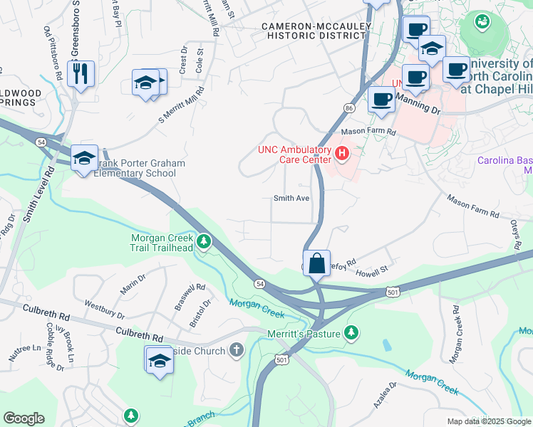 map of restaurants, bars, coffee shops, grocery stores, and more near 907 Dawes Street in Chapel Hill