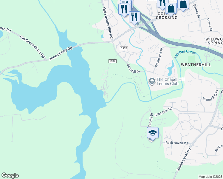 map of restaurants, bars, coffee shops, grocery stores, and more near 575-599 University Lake Road in Chapel Hill