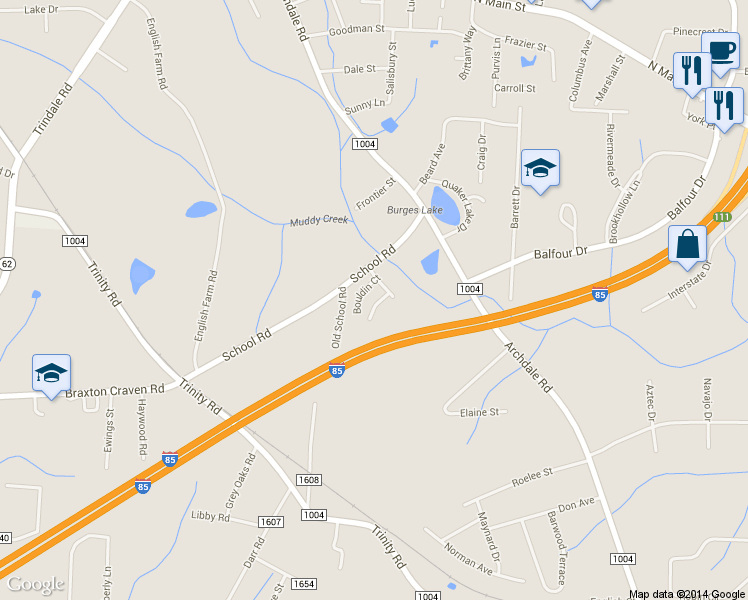 map of restaurants, bars, coffee shops, grocery stores, and more near 108 Brookbank Ct in Trinity