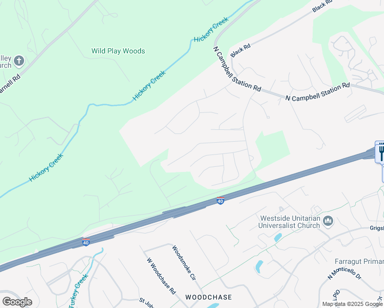 map of restaurants, bars, coffee shops, grocery stores, and more near 12138 Woodhollow Lane in Knoxville