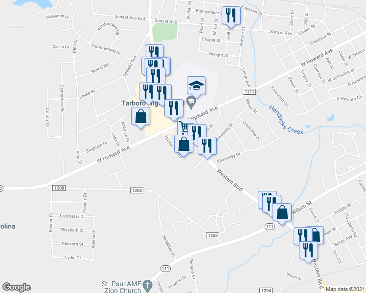map of restaurants, bars, coffee shops, grocery stores, and more near 1110 Western Boulevard in Tarboro