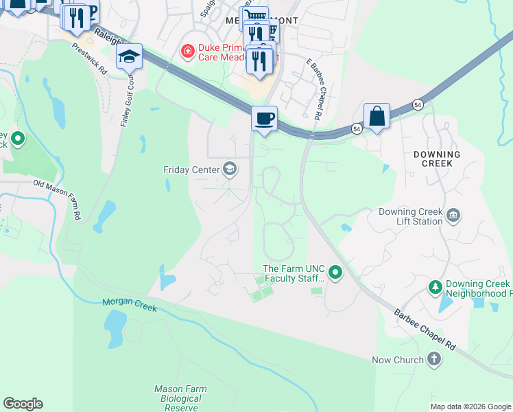 map of restaurants, bars, coffee shops, grocery stores, and more near 209 Summerwalk Circle in Chapel Hill