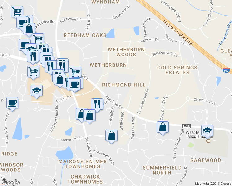 map of restaurants, bars, coffee shops, grocery stores, and more near 8717 Valentine Court in Raleigh