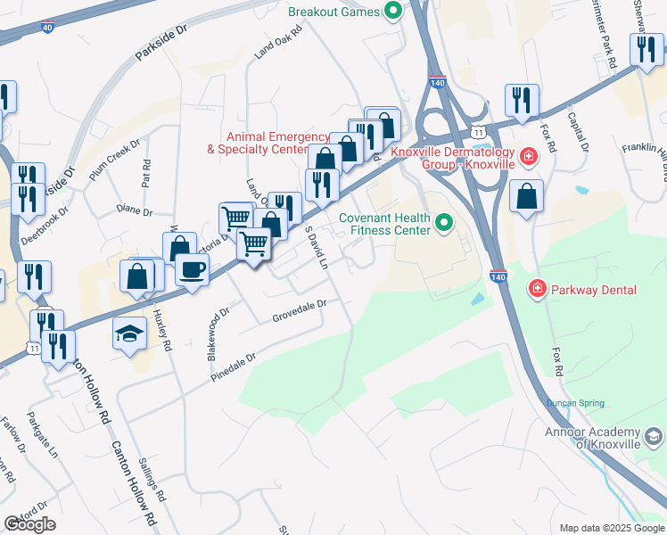 map of restaurants, bars, coffee shops, grocery stores, and more near 208 South David Lane in Knoxville