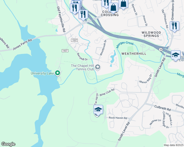 map of restaurants, bars, coffee shops, grocery stores, and more near 334 Rose Walk Lane in Carrboro