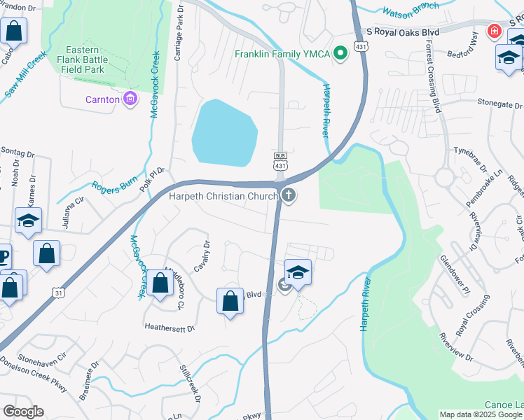 map of restaurants, bars, coffee shops, grocery stores, and more near 1000 Huntsmans Circle in Franklin