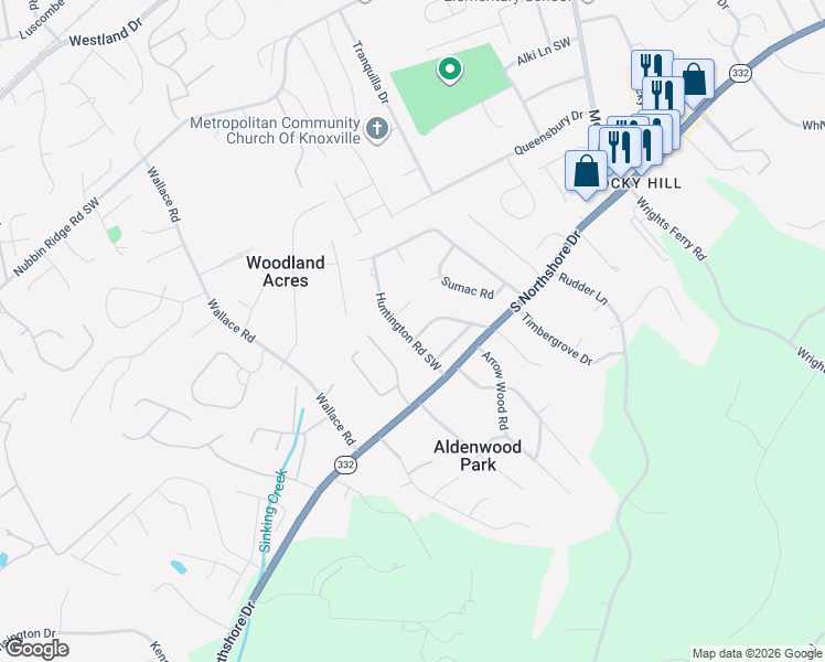 map of restaurants, bars, coffee shops, grocery stores, and more near 1309 Huntington Road Southwest in Knoxville