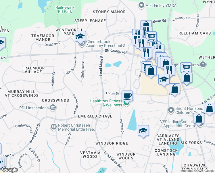 map of restaurants, bars, coffee shops, grocery stores, and more near 8408 Grey Abbey Place in Raleigh