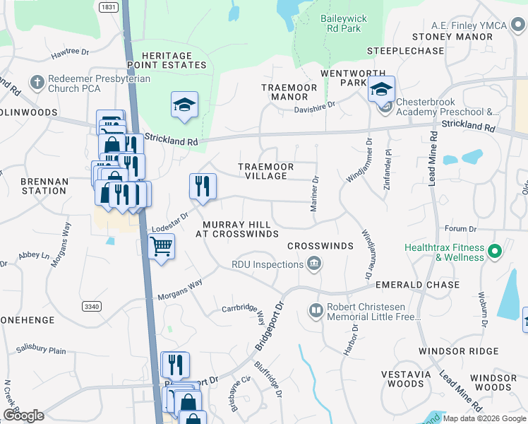 map of restaurants, bars, coffee shops, grocery stores, and more near 1845 Snow Wind Drive in Raleigh