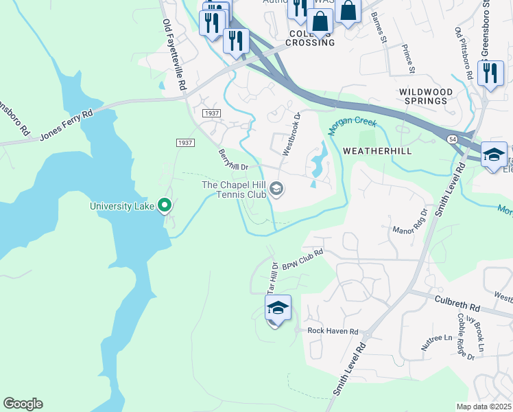 map of restaurants, bars, coffee shops, grocery stores, and more near 334 Rose Walk Lane in Carrboro