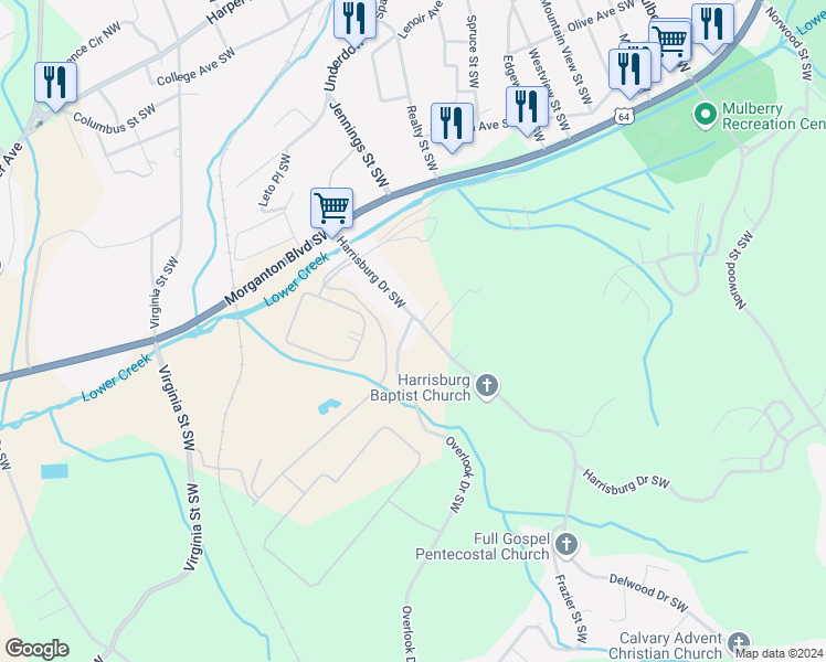 map of restaurants, bars, coffee shops, grocery stores, and more near 811 Overlook Dr in Lenoir