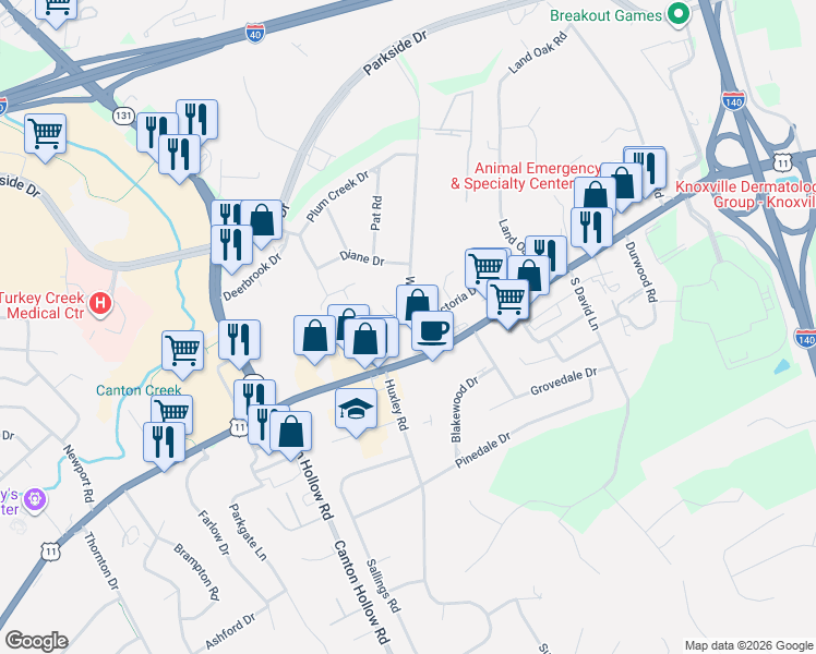 map of restaurants, bars, coffee shops, grocery stores, and more near 10513 Kingston Pike in Knoxville