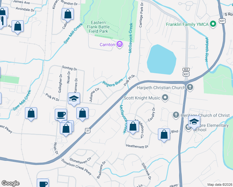 map of restaurants, bars, coffee shops, grocery stores, and more near 109 Polk Place Drive in Franklin