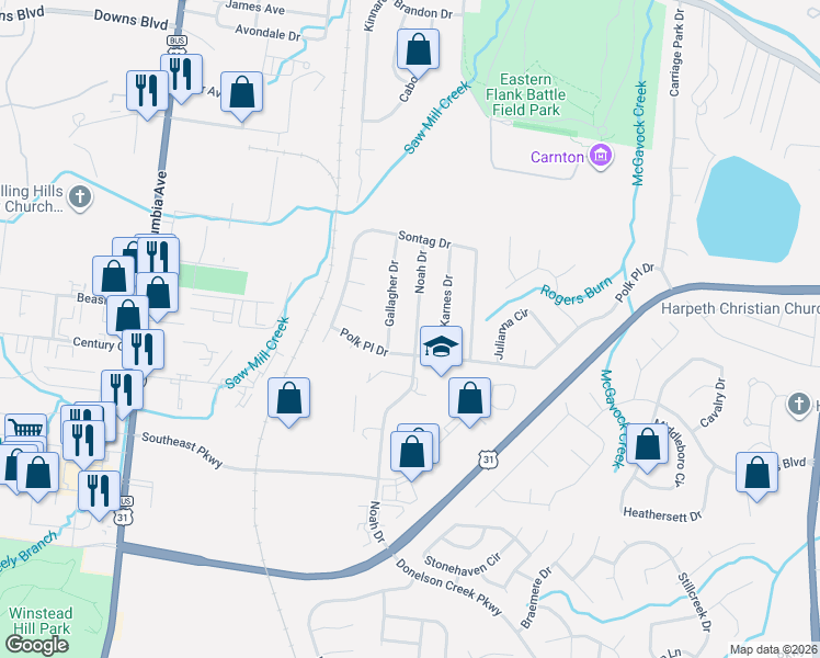 map of restaurants, bars, coffee shops, grocery stores, and more near 130 Gallagher Drive in Franklin