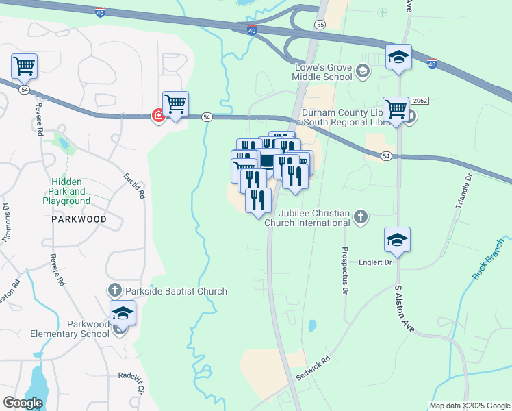 map of restaurants, bars, coffee shops, grocery stores, and more near 4900 North Carolina 55 in Durham