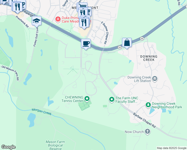 map of restaurants, bars, coffee shops, grocery stores, and more near 104 Finley Forest Drive in Chapel Hill
