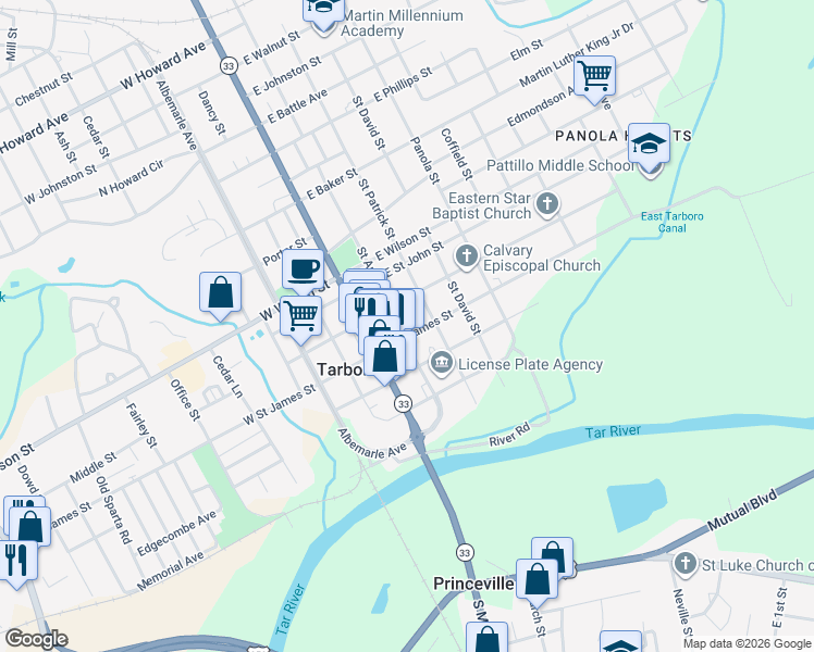 map of restaurants, bars, coffee shops, grocery stores, and more near 200 East Saint James Street in Tarboro