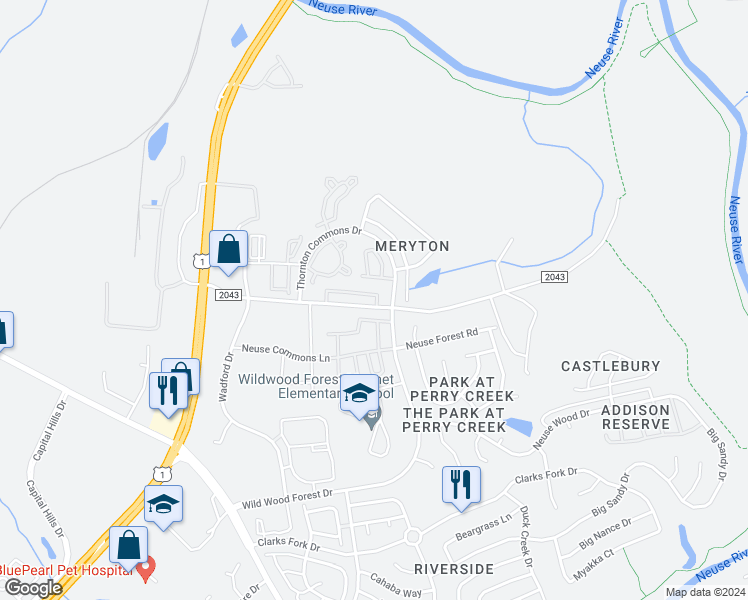 map of restaurants, bars, coffee shops, grocery stores, and more near 8874 Thornton Town Place in Raleigh