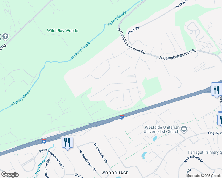 map of restaurants, bars, coffee shops, grocery stores, and more near 12138 Woodhollow Lane in Knoxville