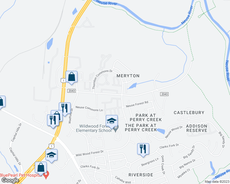 map of restaurants, bars, coffee shops, grocery stores, and more near 8870 Thornton Town Place in Raleigh