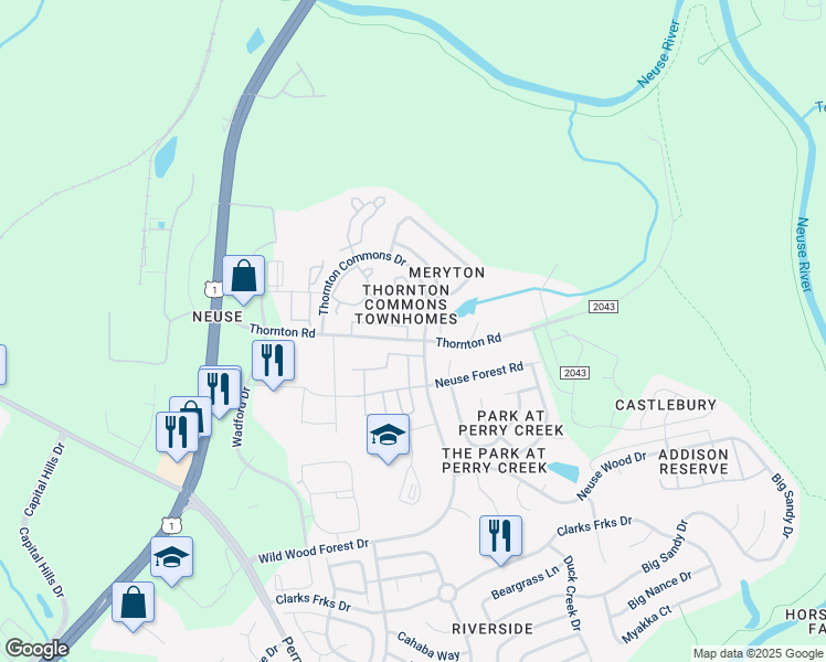 map of restaurants, bars, coffee shops, grocery stores, and more near 8889 Thornton Town Place in Raleigh