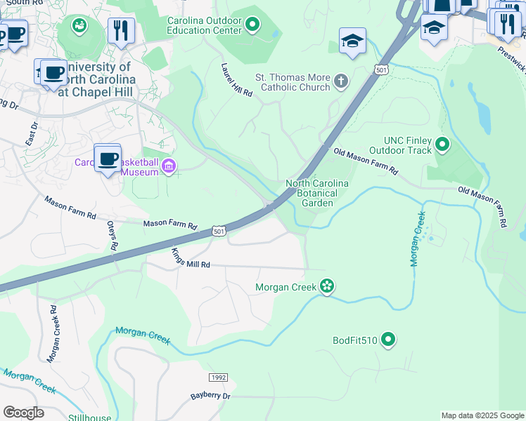 map of restaurants, bars, coffee shops, grocery stores, and more near North Carolina 54 in Chapel Hill