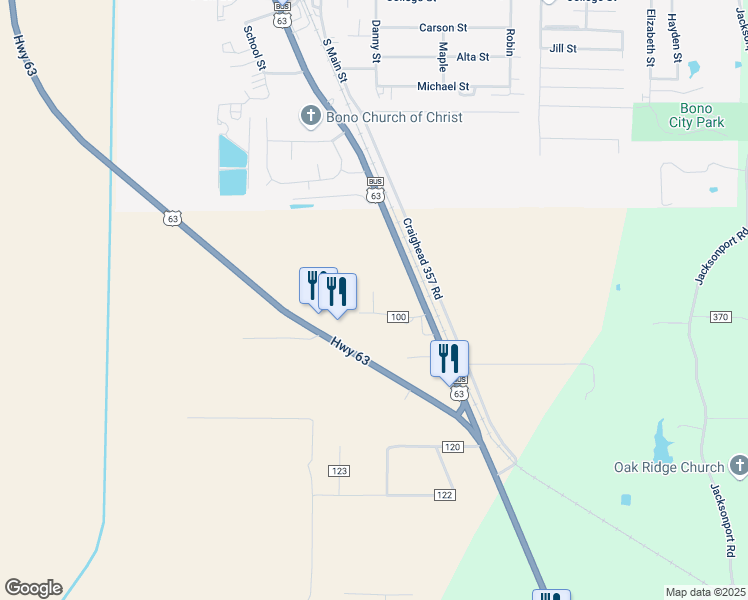 map of restaurants, bars, coffee shops, grocery stores, and more near 127 County Road 100 in Bono