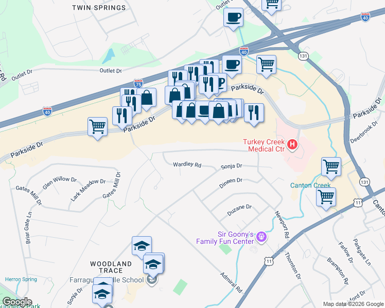 map of restaurants, bars, coffee shops, grocery stores, and more near 324 Wardley Road in Knoxville