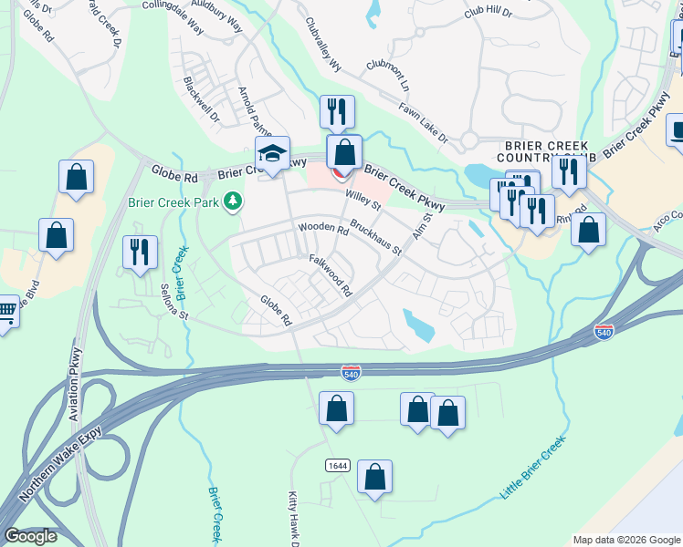 map of restaurants, bars, coffee shops, grocery stores, and more near 9124 Falkwood Road in Raleigh
