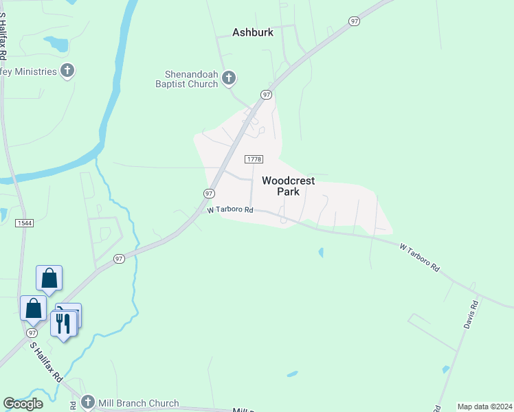 map of restaurants, bars, coffee shops, grocery stores, and more near 4245 Woodcrest Road in Rocky Mount