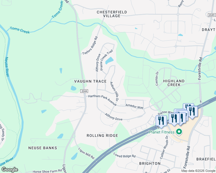 map of restaurants, bars, coffee shops, grocery stores, and more near 8029 Remington Heights Drive in Raleigh