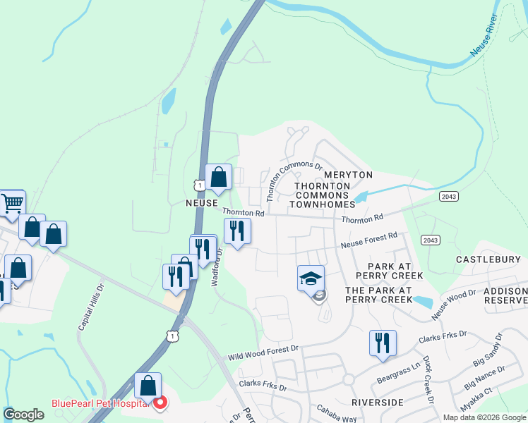 map of restaurants, bars, coffee shops, grocery stores, and more near 8844 Commons Townes Drive in Raleigh