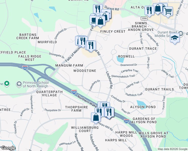 map of restaurants, bars, coffee shops, grocery stores, and more near 8821 Colesbury Drive in Raleigh