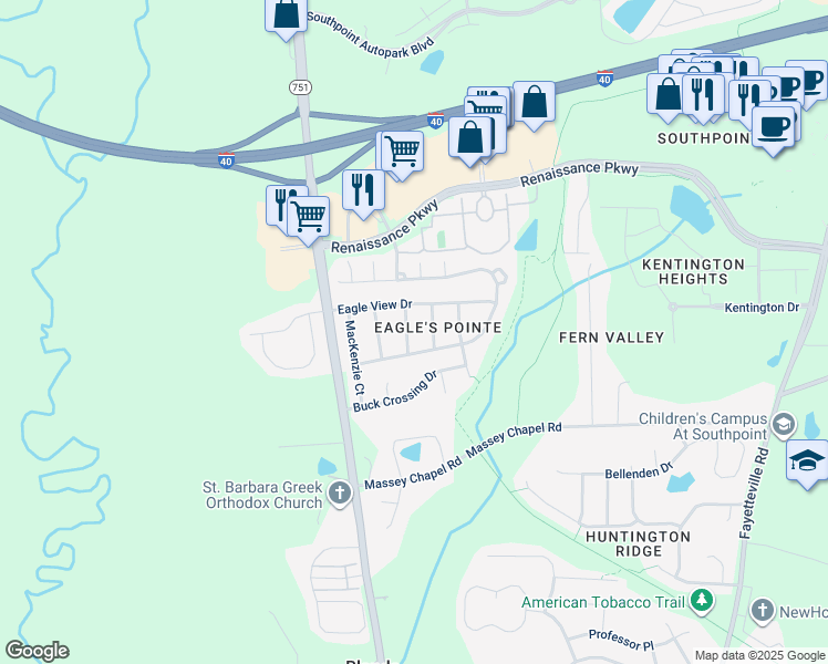 map of restaurants, bars, coffee shops, grocery stores, and more near 8009 Chatsworth Way in Durham