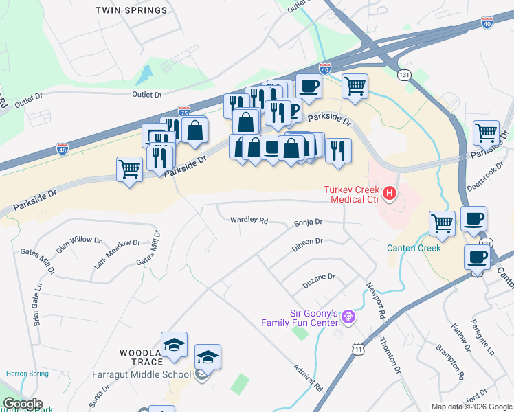 map of restaurants, bars, coffee shops, grocery stores, and more near 324 Wardley Road in Knoxville