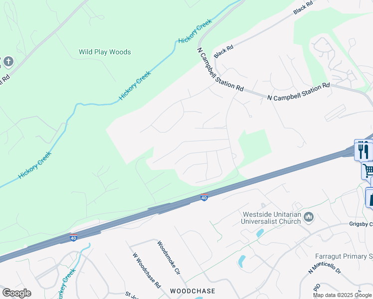 map of restaurants, bars, coffee shops, grocery stores, and more near 12138 Woodhollow Lane in Knoxville