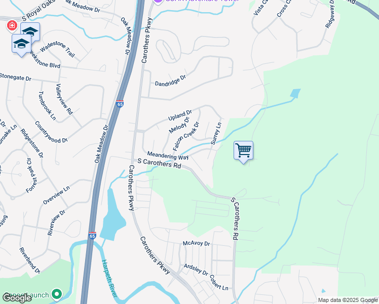 map of restaurants, bars, coffee shops, grocery stores, and more near 1052 Meandering Way in Franklin