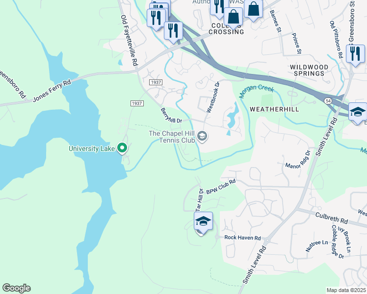 map of restaurants, bars, coffee shops, grocery stores, and more near 231 Rose Walk Lane in Carrboro