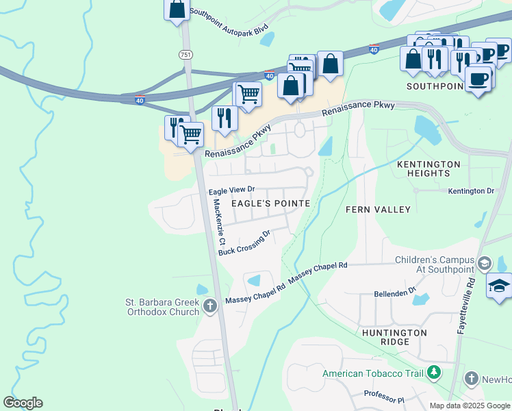 map of restaurants, bars, coffee shops, grocery stores, and more near 8009 Chatsworth Way in Durham