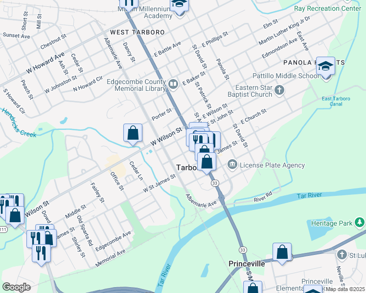 map of restaurants, bars, coffee shops, grocery stores, and more near 503 Trade Street in Tarboro
