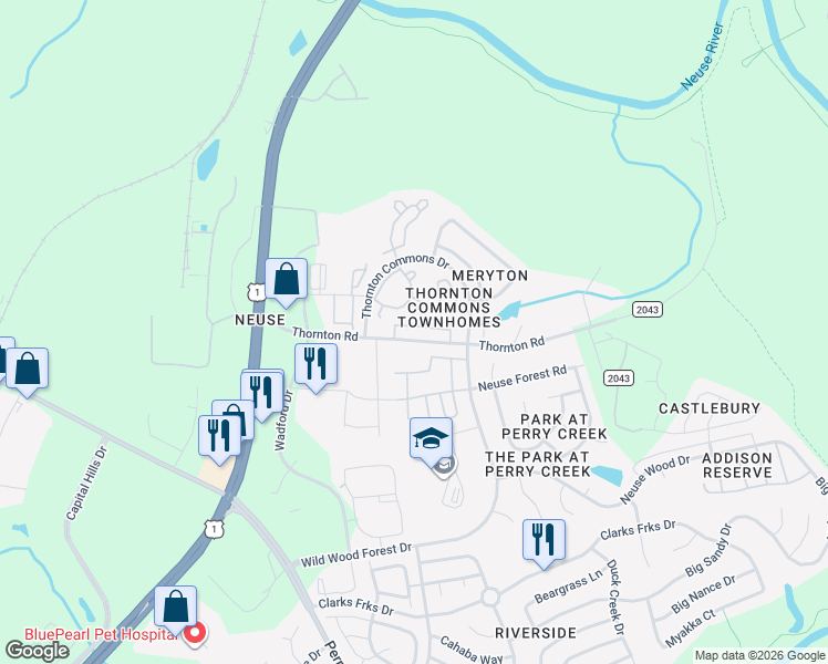 map of restaurants, bars, coffee shops, grocery stores, and more near 8850 Thornton Town Place in Raleigh