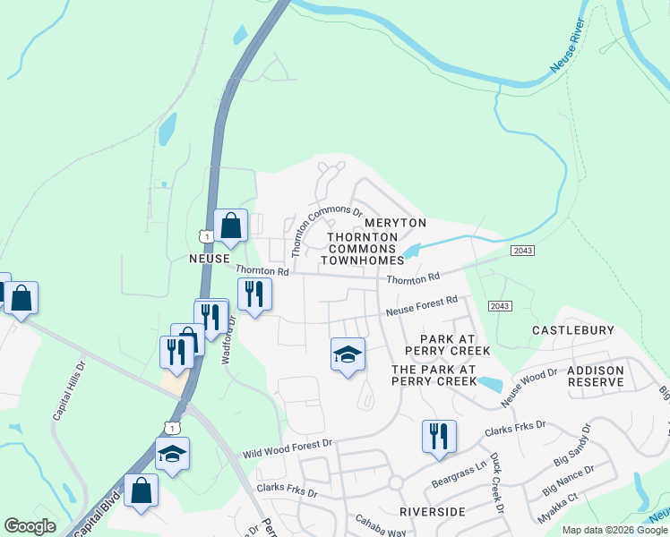map of restaurants, bars, coffee shops, grocery stores, and more near 8842 Thornton Town Place in Raleigh