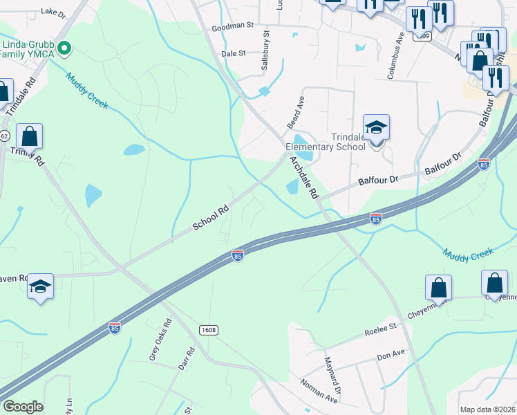map of restaurants, bars, coffee shops, grocery stores, and more near 108 Brookbank Court in Trinity